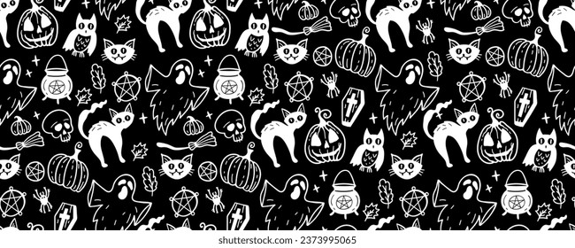 Monochrome seamless pattern of cute Halloween hand drawn doodle