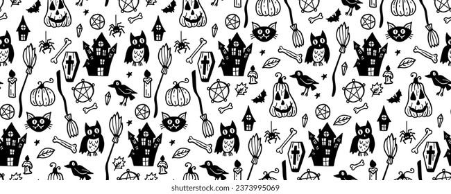 Monochrome seamless pattern of cute Halloween hand drawn doodle