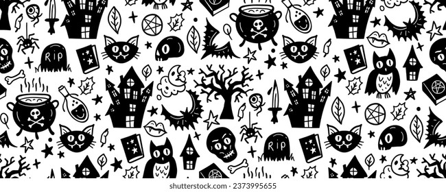 Monochrome seamless pattern of cute Halloween hand drawn doodle