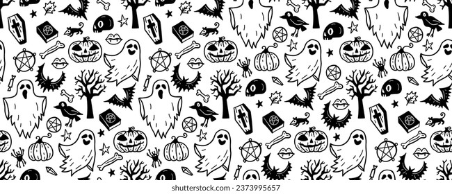 Monochrome seamless pattern of cute Halloween hand drawn doodle