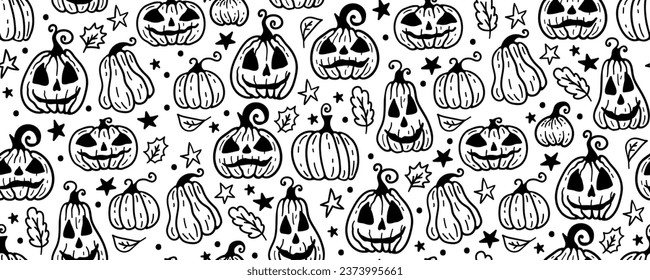 Monochrome seamless pattern of cute Halloween hand drawn doodle