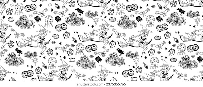 Monochrome seamless pattern of cute Halloween hand drawn doodle