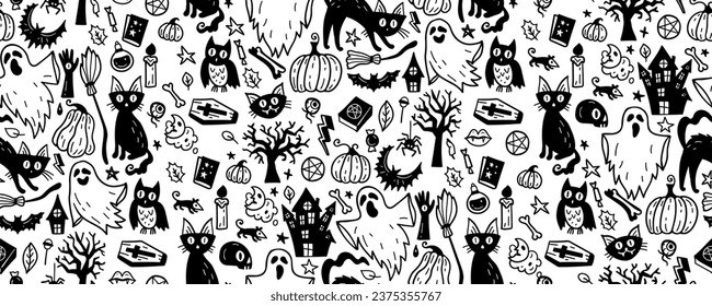 Monochrome seamless pattern of cute Halloween hand drawn doodle