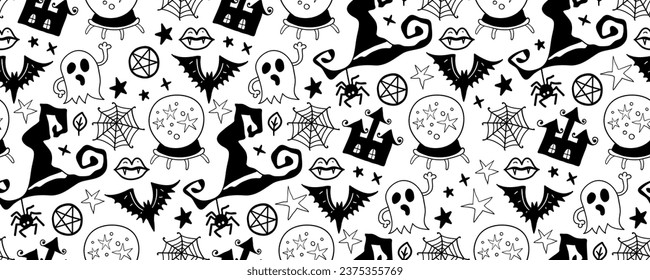 Monochrome seamless pattern of cute Halloween hand drawn doodle