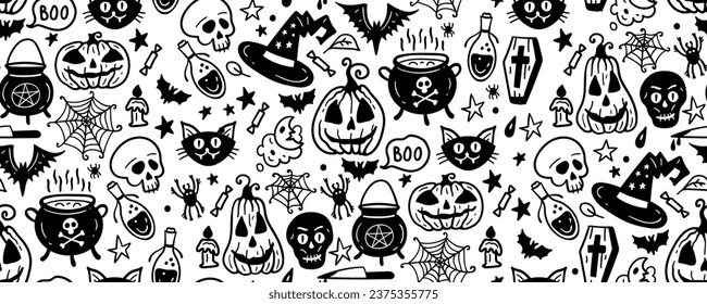 Monochrome seamless pattern of cute Halloween hand drawn doodle