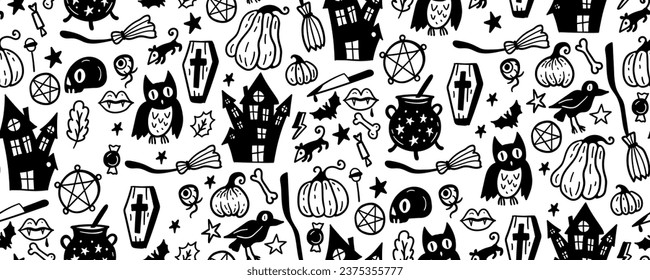 Monochrome seamless pattern of cute Halloween hand drawn doodle