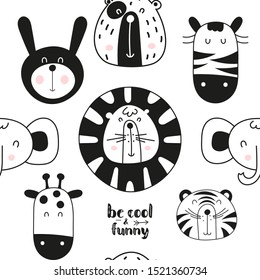 Monochrome seamless pattern with cute jungle animals in Scandinavian style. Vector Illustration. BW Kids illustration for nursery design. Great for baby clothes, greeting card, wrapping paper.