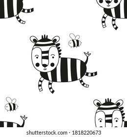 Monochrome seamless pattern with cute jungle animals - zebra. Vector. Bw Kids illustration for nursery. Perfect for baby clothes, greeting card, wrapping. Pattern is cut, no clipping mask.