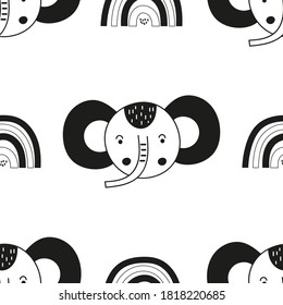 Monochrome seamless pattern with cute jungle elephant and rainbow. Vector. Kids illustration for nursery. Perfect for baby clothes, greeting card, wrapping. Pattern is cut, no clipping mask.