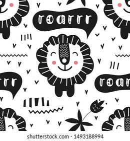 Monochrome seamless pattern with cute lion and text Roar in Scandinavian style. Vector Illustration. Kids illustration for nursery scandi design. Great for baby clothes, greeting card, wrapper.