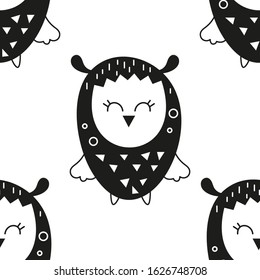 Monochrome seamless pattern with cute owls in Scandinavian style. Vector Illustration. Great for baby clothes, greeting card, wrapping paper. White background.
