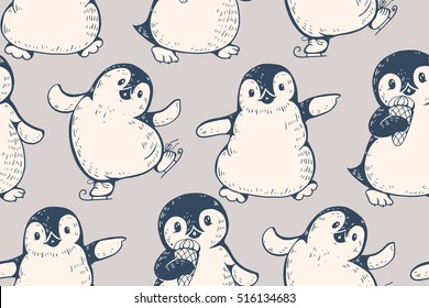 Monochrome seamless pattern with cute penguins. Hand-drawn illustration. Vector.