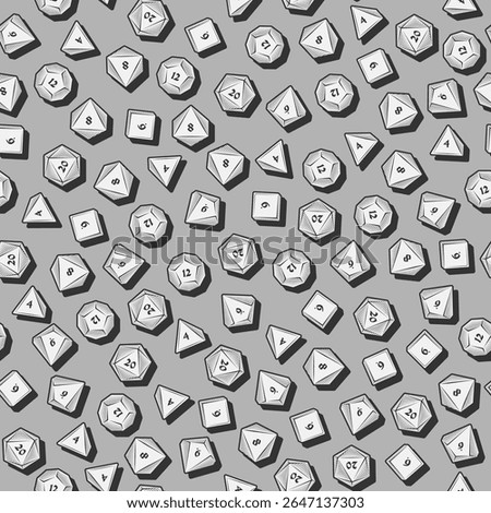 Monochrome Seamless Pattern of D4, D6, D8, D10, D12, and D20 Dice for Board Games in Sketch Style