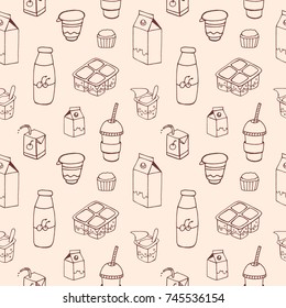 Monochrome seamless pattern with dairy products drawn with contour lines on light background - milk, milkshake, yogurt, sour cream. Vector illustration for wallpaper, fabric print, wrapping paper.