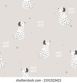 Monochrome seamless pattern with dalmatian. Childish cartoon print. Vector hand drawn illustration.