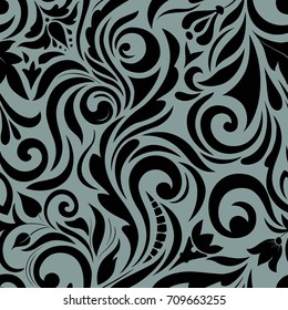 Monochrome  seamless pattern in damascus style. Original hand drawn ornament. 
New floral design.