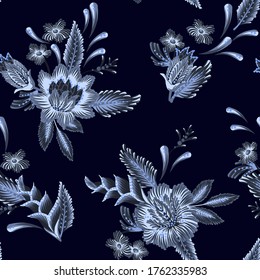 Monochrome seamless pattern with decorative flowers for textile. Trendy textured design.