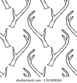 Monochrome seamless pattern with deer antlers. Vector nature wildlife animal background in black and white. Stag horns backdrop.