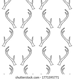 Monochrome seamless pattern with deer antlers. Vector nature wildlife animal background in black and white. Stag horns backdrop.