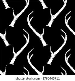 Monochrome seamless pattern with deer antlers. Vector nature wildlife animal background in black and white. Stag horns backdrop.