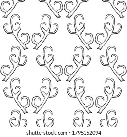 Monochrome seamless pattern with deer antlers. Vector nature wildlife animal background in black and white. Stag horns backdrop.