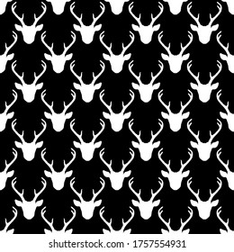 Monochrome seamless pattern with deer heads. Vector nature wildlife animal background in black and white. Stags backdrop.