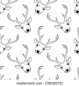 Monochrome seamless pattern with deer heads. Vector nature wildlife animal background in black and white. Stags backdrop.