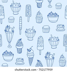 Monochrome seamless pattern with delicious ice cream and milky desserts of various types on white background. Backdrop with tasty sweet meals. Vector illustration for fabric print, wrapping paper.