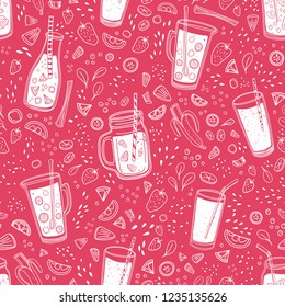 Monochrome seamless pattern with delicious soft drinks, tasty juices or refreshing smoothies drawn with contour lines on pink background. Vector illustration for wrapping paper, textile print.