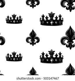 Monochrome seamless pattern with diadem and queenly iris. Royal signs in style of fashion illustration. Black and white vector background