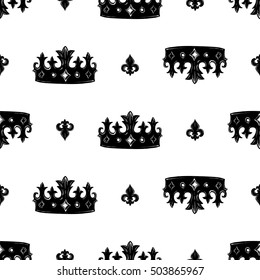 Monochrome seamless pattern with diadem and queenly iris. Royal signs in style of fashion illustration. Black and white vector background