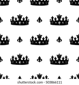 Monochrome seamless pattern with diadem and queenly iris. Royal signs in style of fashion illustration. Black and white vector background