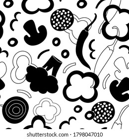 Monochrome seamless pattern with different vegetables: onion, mushroom, chilli pepper, tomato, olives in one line, flat styles. Veggies vector. Hand drawn doodle background for textile prints design
