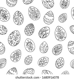 Monochrome seamless pattern with doodle eggs. Contour drawing. Suitable for packaging, fabrics, wallpapers and simple colorings. Easter background. 