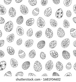 Monochrome seamless pattern with doodle eggs. Contour drawing. Suitable for packaging, fabrics, wallpapers and simple colorings. Easter background. 
