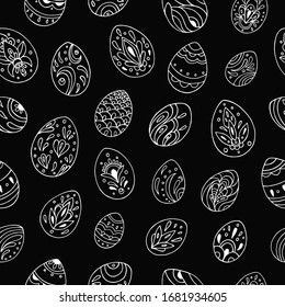 Patrón monocromo sin fisuras con huevos de doodle. Dibujo de contorno. Apropiado para embalajes, tejidos, papel pintado y colores sencillos. Antecedentes de Semana Santa. 