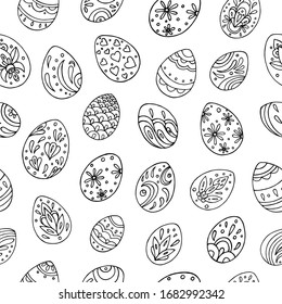 Monochrome seamless pattern with doodle eggs. Contour drawing. Suitable for packaging, fabrics, wallpapers and simple colorings. Easter background. 