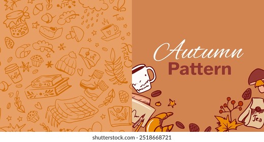 Monochrome seamless pattern with doodle elements. Vector autumn background in trendy minimalistic linear style. Hand drawn illustration for print, cover, banner or invitation.
