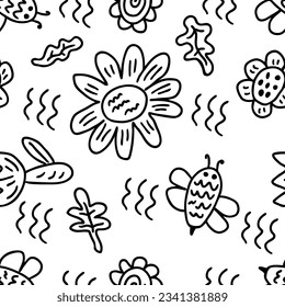 Monochrome seamless pattern with doodle flowers and bees. Summer print for tee, paper, textile and fabric. Hand drawn vector illustration for decor and design.
