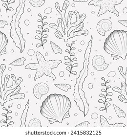 monochrome seamless pattern with doodle illustration of sea life 
