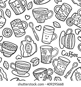 Monochrome seamless pattern with doodle tea accessories on white background. Vector illustration.