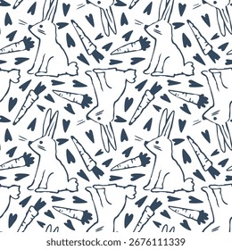 Monochrome seamless pattern with Easter bunnies and hearts. Vector illustration.