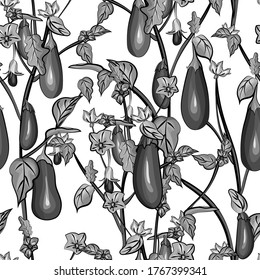 Patrón monocromo sin fisuras con berenjena, hojas, flores sobre fondo blanco.Textura vegetal con berenjena para diseño de cocina, textil, impresa, papel de pared, papel envolvente.Ilustración de material vectorial.
