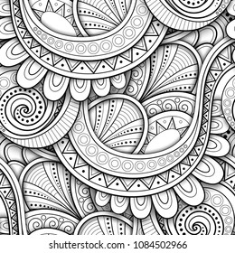 Padrão monocromático sem costura com motivos étnicos. Textura infinita com elemento de design abstrato. Art Deco, estilo paisley Garden. Página do livro para colorir. Ilustração de Contorno 3D Vector. Abstração Ornada