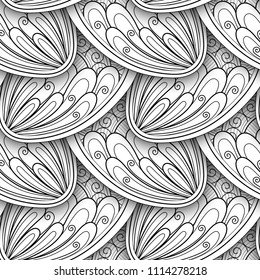 Monochrome Seamless Pattern with Ethnic Motifs. Endless Texture with Abstract Design Element. Art Deco, Paisley Garden Style. Coloring Book Page. Vector 3d Contour Illustration. Ornate Abstraction