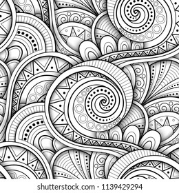 Monochrome Seamless Pattern with Ethnic Motifs. Endless Texture with Abstract Design Element. Art Deco, Paisley Garden Style. Coloring Book Page. Vector 3d Contour Illustration. Ornate Abstraction