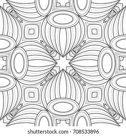 Monochrome Seamless Pattern with Ethnic Motifs. Endless Tribal Texture. Tile Background, Kaleidoscope. Coloring Book Page. Vector Contour Illustration. Abstract Mandala Art, Doodle Sketchy Style