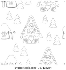 Monochrome seamless pattern with fabulous christmas houses, christmas tree, cute, romantic, stock vector illustration for anti stress coloring page