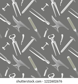 Monochrome seamless pattern with farrier's tools in realistic style. All the basic instruments for hoof care and shoeing. Fine for farrier's shop banners, catalogues and horsemanship sites and books.