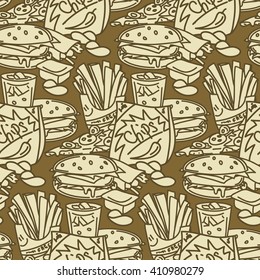 Monochrome seamless pattern with fast food. Vector illustration of unhealthy food in comic cartoon style. Line art. Funny print template for textile and paper.